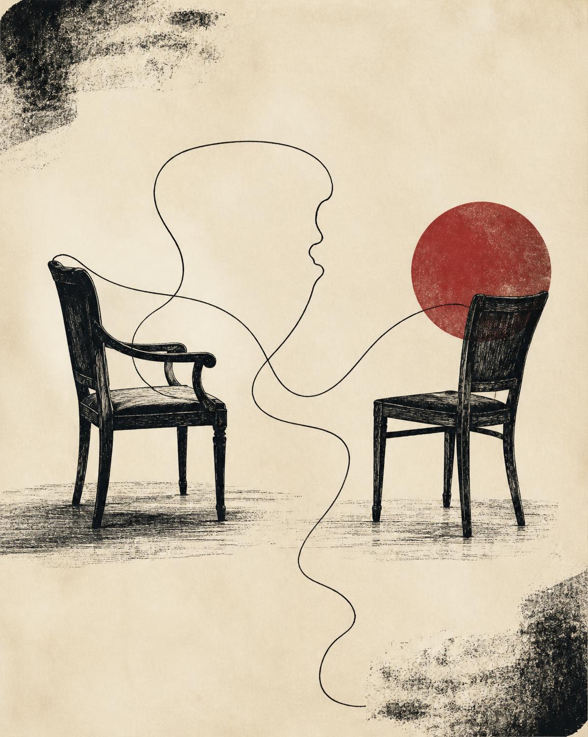 Cover illustration for The Long Conversation: two empty chairs facing one another, joined by a single continuous ink line, with a muted red disc behind them.